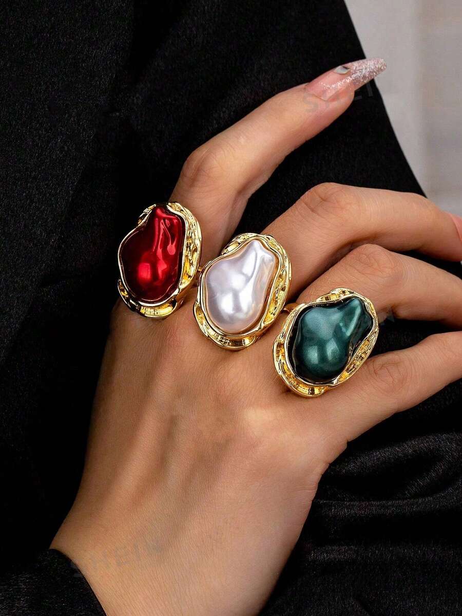 1pc Vintage Baroque Asymmetrical Faux Pearl Inlaid Ring, Elegant High-End Quality Suitable For Formal Events