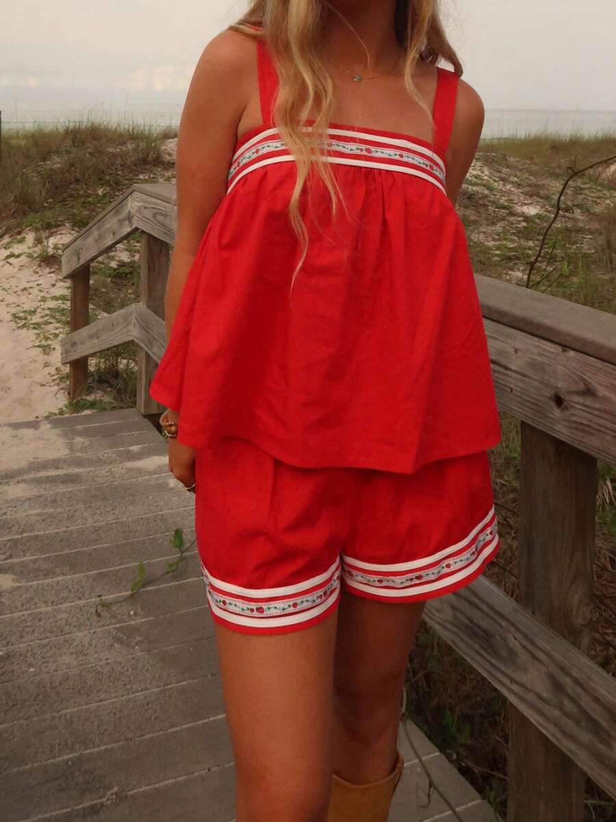 Women Summer Pajama Set Floral Trim Babydoll Tank Tops And Elastic Waist Shorts 2 Piece Lounge Outfit - 紅色 - 查看 1