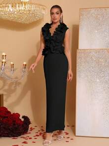 Nuevo vestido elegante con decoración floral 3D de escote en V profundo y sin mangas, adecuado para invitados de boda, damas de honor, fiestas festivas, vestido de noche formal