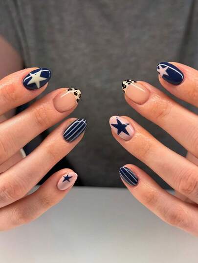 24pcs Short Oval Star Pattern Leopard Nails Design French Tip Press On Nails Short Perfect Fit Acrylic False Nail Set, Include: 1pc Jelly Glue And 1pc Nail File, French Tip Nails For Women And Girls Daily Life Rave Party Use