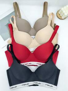 4-Pack Women's Underwear Bra Solid Color Thin Style Big Chest Small No Steel Ring Seamless Underwear Women's Letter Breathable Lifting And Gathering Side Breast Anti-Sagging Adjustment Bra Women - 彩色 - 查看 5