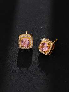 2pcs Cubic Zirconia Square Stud Earrings, Fashionable Luxury Personalized High-End Unisex Earrings For Daily Wear