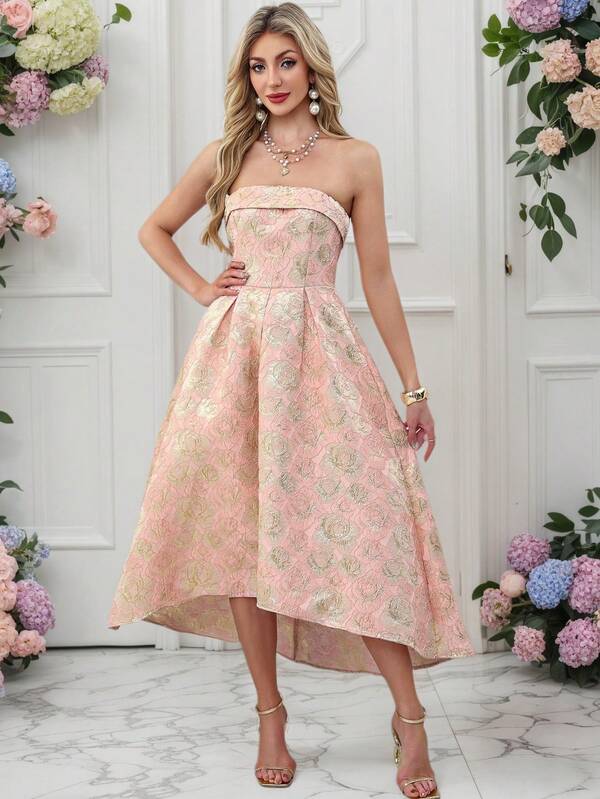 Vestido de fiesta elegante de mujer con escote strapless, tela jacquard dorada con flores 3D, apropiado para invitada de boda, ceremonia de graduación, banquete