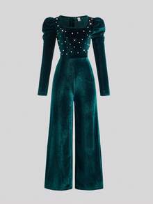 Bộ đồ liền thân nhung cổ vuông tay bồng cho bé gái - màu xanh lá - Xem 3