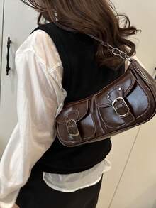 复古百搭皮带装饰单肩腋下拉链开口法棍包，全新纯色 PU 皮革女士小手提包 - 咖啡 - 查看 3
