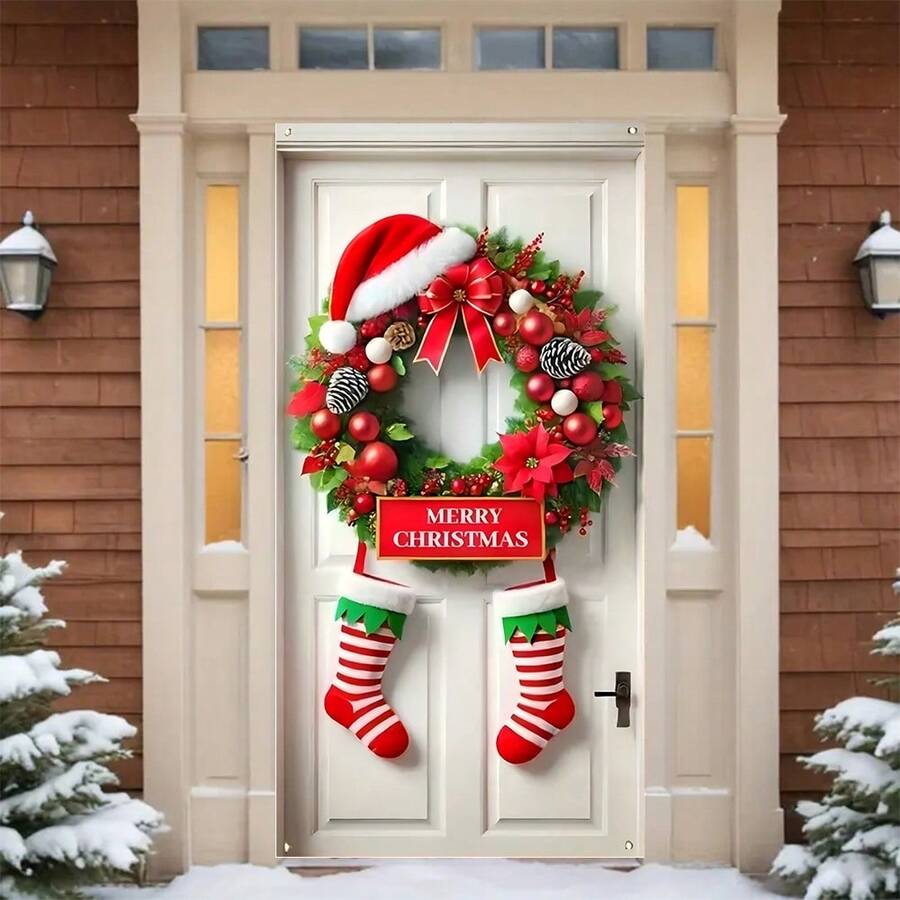 1pc, 35.4x70.8 Inches (90x180 Cm), Merry Christmas, 2D A Christmas Curtain Design Themed Around Santa Claus Hats And Socks, Made Of Polyester, Suitable For Birthdays, Parties, Celebration Events, Indoor/Outdoor Decoration, Home, Porch, Lawn, Garden, Courtyard Decoration, Universal Theme, With Holes For Easy Hanging