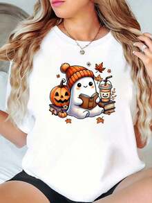 100% Algodón Linda Camiseta de Fantasma para Amantes de Lectura de Libros Halloween Fantasma Café para Mujeres Verano para Top - Blanco - Ver 1