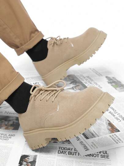 Fashionable Thick Sole Lace-Up Formal Shoes, Men's Business Retro Elevated Round Toe Leather Shoes, Men's Casual Low-Top Dress Shoes For Party And Wedding