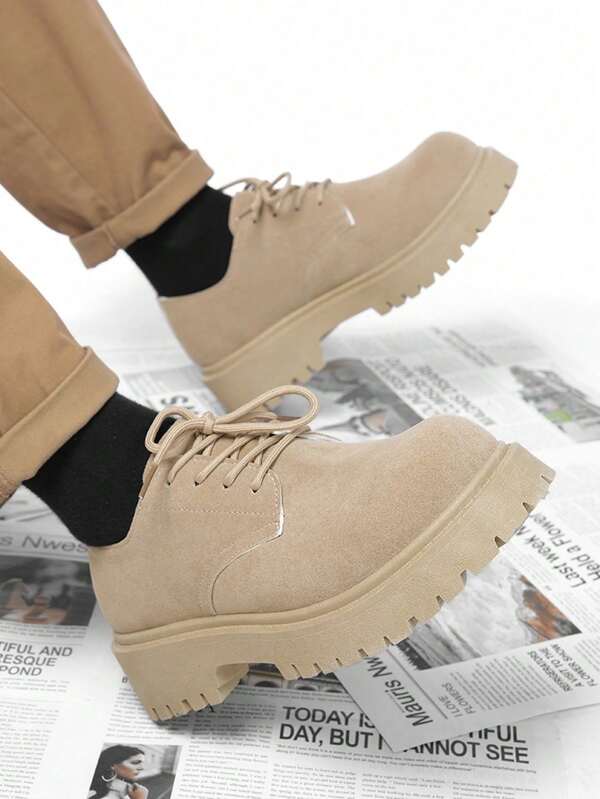 Modische Schuhe mit dicker Sohle und Schnürung, Herren Business Retro Lederschuhe mit erhöhter Rundkappe, Herren Lässig Anzugschuhe mit niedrigem Schaft für Party und Hochzeit