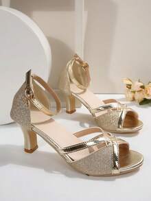 1 Pair Teenage Girls' Lace Embroidered Round Toe Chunky Heel Pumps, Apricot Color, Elegant & Versatile, PU Leather, Comfortable & Non-Slip, Heel Height 7.5cm, 2026 Spring/Summer New Style, Recommend Sizing Up One Size - Gold - View 5