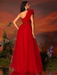 VIPGIRL Đầm dạ hội đỏ bằng vải chiffon thanh lịch, lệch vai, được trang trí bằng viền bèo nhún và xẻ tà cao - Đầm dạ hội trang trọng phù hợp cho những dịp đặc biệt. - Đỏ - Xem 2