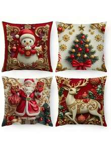 4 piezas Fundas de cojín con estampado 2D de árbol de Navidad, Papá Noel y renos de muñeco de nieve, decoración festiva para sofá, cama, coche, sala de estar y hogar, adecuado para decoración de granja, fiesta de invierno, regalos de Navidad (no incluye relleno)
