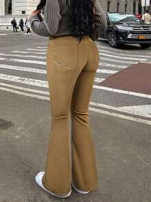 Women's Vacation Style Casual Ins Washed Frayed Skinny Flare Jeans - Khaki - View 4