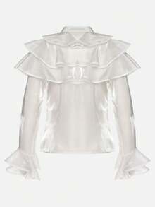 Ruffled Solid Color Front Button Sheer Elegant Long Sleeve Shirt - White - View 7