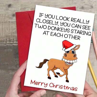 1 张隐藏的驴子圣诞贺卡，圣诞帽马 - 视觉错觉“仔细看”笑话，是送给姐妹、兄弟、朋友、同事、愚人节和复活节的完美有趣礼物