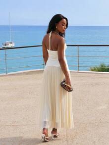 Yess Loren Sukienka damska z falbanką na dole i seksownym dekoltem halter, letnie sukienki dla kobiet - Kolor khaki - Zobacz 6