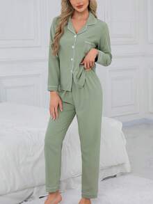 2pcs Women Long Sleeve Top And Pants Pajama Set, Casual Loose Embroidery Heart Homewear Suitable For Home And Outdoor, Autumn, Fall Winter Clothes, Christmas - Green - View 4