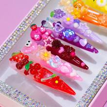Y2K Handmade Long Stiletto Press On Nails, Rainbow Mix With Fruit, Animal, Rhinestone Accents, Festival Kawaii Style Summer - Multicolor - View 4