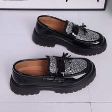 Water Diamond Lacquered Leather Thick Sole Men's High-End Leather Loafers, Fashionable And Casual Versatile Shoes,Suitable For Weddings, Parties, Festivals And Casual Leather Shoes - Đen và trắng - Xem 3