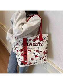 Sanrio Bolso de lona con diseño de Hello Kitty de Sanrio, bolso de mano lindo de KT, bolso de hombro versátil con diseño de dibujos animados, bolso de gran capacidad para ir y volver del trabajo, adecuado para viajes, vuelta al colegio, ir y venir del trabajo
