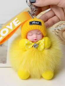 1pc Cartoon Doll Keychain With Real Faux Fur Alloy Round Shape Decorative Ladies Key Ring With Ring Buckle Ideal For Bag & Car Key Decoration Perfect For Valentine'S Day Gift 1 Piece Keyring Travel Accessories