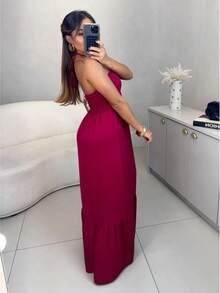 Women's Long Fluid Strapless Dress With Tie - 紅木色 - 查看 2