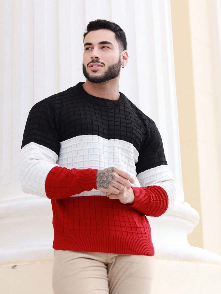 Men's Knitted Sweater Blouse Thicker Links 3 Colors - 黑色 - 查看 1