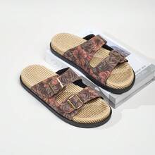 1 Pair Men's Summer Fashion Slide Sandals, Suitable For Daily Outdoor Activities, Beach Leisure Vacation, Metal Double Buckle Design, Adjustable Upper, Fresh Summer Outfit, Indoor Bathroom Slippers, Tropical Print Flip Flops