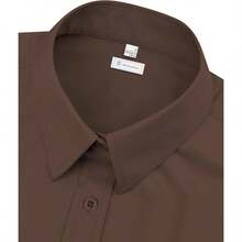 Womens Classic - Fit Dress Shirts Long Sleeve Button Down Wrinkle - Stretch Solid Casual Work Office Blouse Top - 棕色+小號 - 查看 2