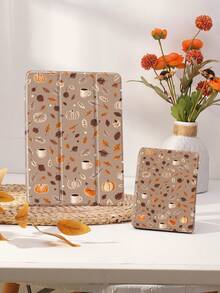 Coffee Colored Pumpkin Leaf Pattern Tablet Protective Case, Compatible With IPad 9.7/10.2/10.5/10.9/12.9/Pro 11, 10th Generation, Compatible With Samsung Galaxy Tab S6 Lite 10.4-Inch, Compatible With Kindle Paperwhite 12th Gen 2024, Kindle (11th Generation) 2022 Version, Kobo Clara Bw, Soft Fall Protection, Intelligent Standing/Automatic Wake-Up/Sleep,