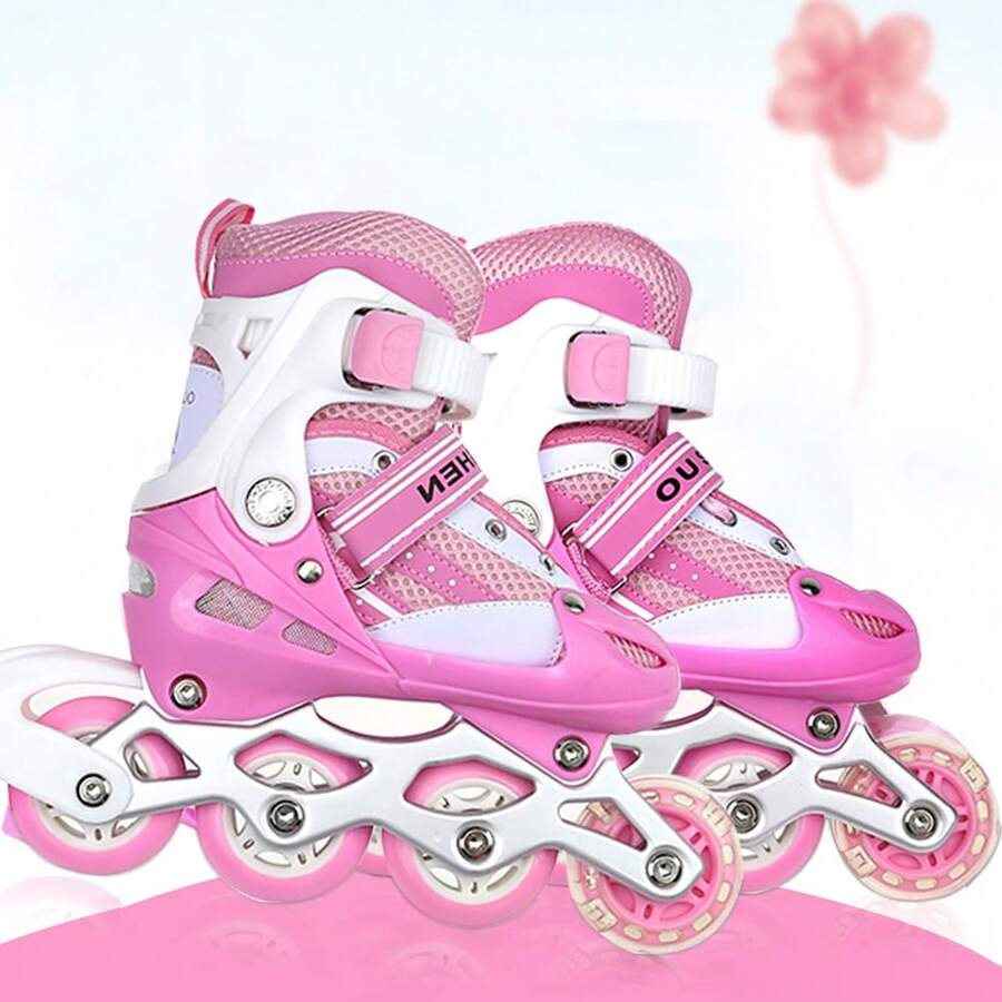 Roller Skates For Kids And Teens, Size M - Single Flash Adjustment System Roller Skates For Boys And Girls - Size (35-38) - Adjustable Size - Roller Skates For Kids - Durable - Pink - 粉色 - 查看 1