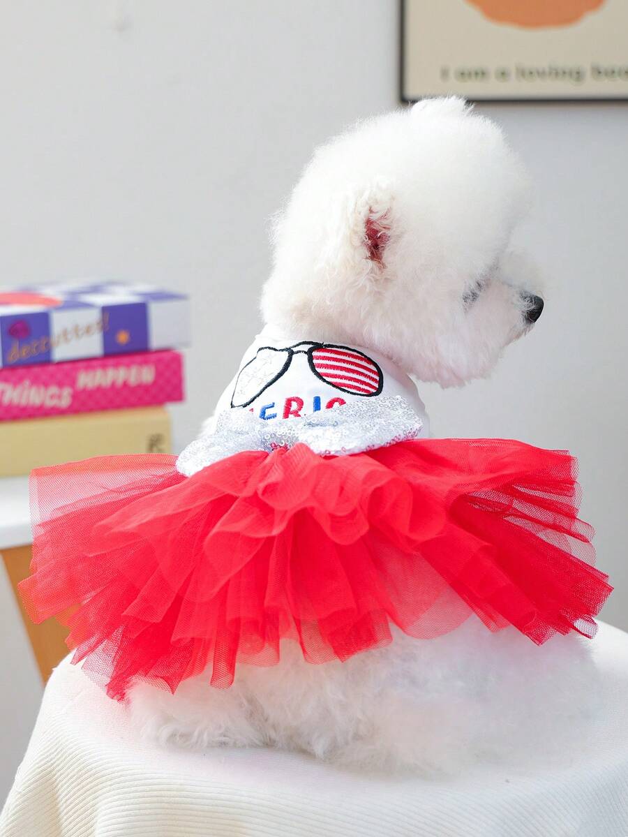1pc Pet Clothes, Dog/Cat Apparel, Happy Puppy Small Dog/Puppy Casual Fashion Cute Comfortable American Star Mesh Skirt