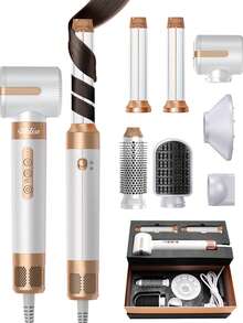 UKLISS Secador de pelo multifuncional 7 en 1 - Moldeador de aire, 110,000RPM, secado y peinado rápido, 7 accesorios portátiles desmontables: alisado y rizado en uno, fácil de usar, adecuado para el hogar, viajes, verano, cabello, parejas, vacaciones