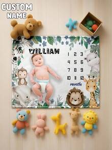 Custom Baby Milestone Blanket, Animal Theme Baby Monthly Milestone Blanket, Baby Sports Nursery Blanket, Baby Age Blanket, Baby Calendar Blanket, Animal Theme Baby Photo Blanket - Multicolor - View 1