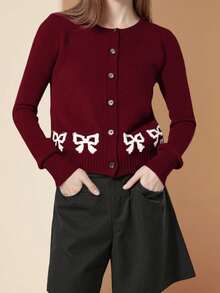 Women's Crew Neck Knit Cardigan Long Sleeve Bow Print Ribbed Hem Button Down Sweater Outwear - Burgundy - View 3