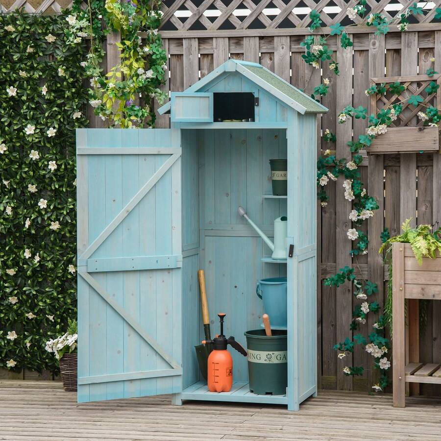 Outsunny 30" X 21" X 71" Garden Storage Shed, Outdoor Storage Shed With 3 Tier Shelves, Workshop Yard Tool Utility Storage House Water-Resistant All-Weather Cover Spire Roof, Blue - Màu xanh lam - Xem 1