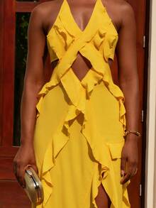 Yess Loren Spaghetti Strap Backless Sleeveless Dress With Ruffle Hem,Pastel Dresses For Women,Sundress - Yellow - View 2