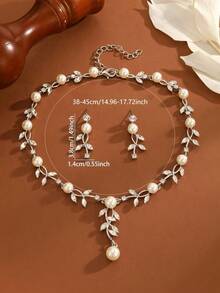 3pcs Crystal Leaf Jewelry Set Including Necklace And Earrings, Elegant For Banquet - Silver - View 5