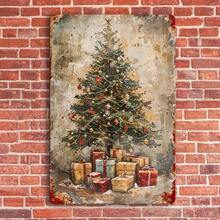 Vintage Christmas Tree Metal Tin Sign - Rustic Wall Art For Home, Bar, Cafe & Outdoor Decor - No Electricity Needed, Durable Holiday Decoration With Festive Ornaments & Gifts Design, Christmas Wall Decor, Weathered Finish, Bar Owners Home Decor Christmas Decorations Room Decor