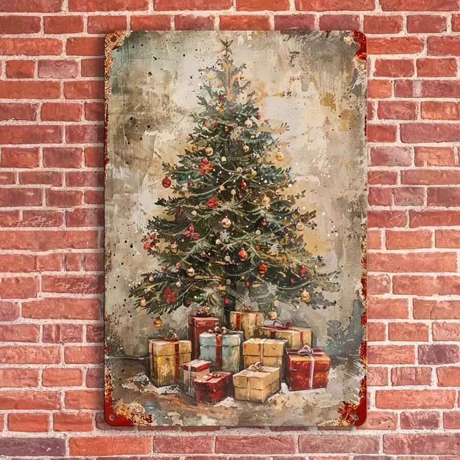 Vintage Christmas Tree Metal Tin Sign - Rustic Wall Art For Home, Bar, Cafe & Outdoor Decor - No Electricity Needed, Durable Holiday Decoration With Festive Ornaments & Gifts Design, Christmas Wall Decor, Weathered Finish, Bar Owners Home Decor Christmas Decorations Room Decor