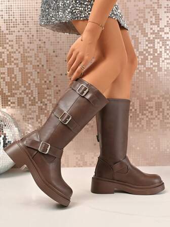 Damen Stiefel mit dicker Sohle für Herbst/Winter, kniehohe Stil, niedriger Absatz, bequem, mit Schnallen-Dekor, Motorrad-Stil, seitlicher Reißverschluss, runde Zehenpartie, weiche rutschfeste Sohle, Lässig Trage-Stiefeletten für den täglichen Gebrauch