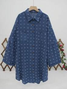 Damen Große Größen Herbst und Winter Langarm Lässig einfarbige Kragen Polka Punkt Knopf Jacke mit Doppeltaschen für vielseitigen täglichen Urlaubsoutfit - Blau - Übersicht 3