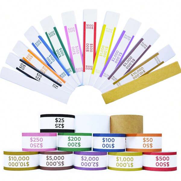 600pcs Money Bands Cash - Self-Adhesive Money Wrappers Bills, Currency Straps In 12 ABA Standard Colors, Banks, Restaurants And Businesses (50 Per Band)