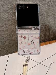 时尚全屏玫瑰花手机壳,带可调节斜挎颈绳,兼容三星 Galaxy Z Flip7 Flip6 Z Flip 5 4 3 粉色花卉折叠保护后盖 - 白碎花 - 查看 7