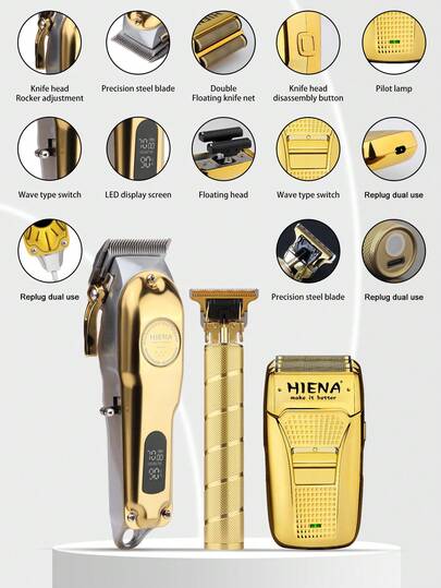 HIENA HIENA3pcs Golden Hair Clipper Set, Cordless Electric Hair Clipper, T9 Carving Scissors, Reciprocating Shaver, Ideal Hair Clipper Tool For Men, Exquisite Gift Box Packaging, Suitable For Festival Gifts