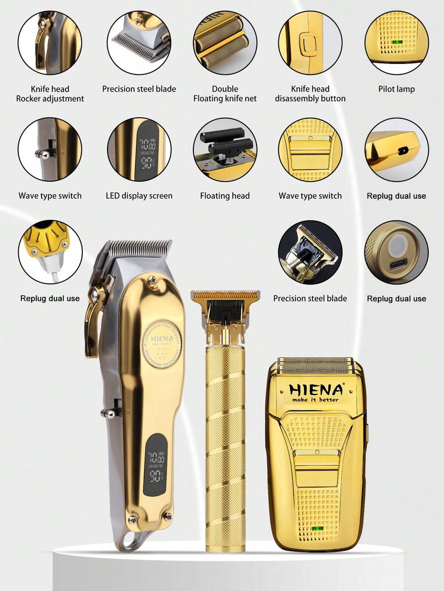 HIENA HIENA3pcs Golden Hair Clipper Set, Cordless Electric Hair Clipper, T9 Carving Scissors, Reciprocating Shaver, Ideal Hair Clipper Tool For Men, Exquisite Gift Box Packaging, Suitable For Festival Gifts