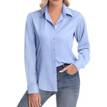 Womens Classic - Fit Dress Shirts Long Sleeve Button Down Wrinkle - Stretch Solid Casual Work Office Blouse Top - 藍色+大號 - 查看 3