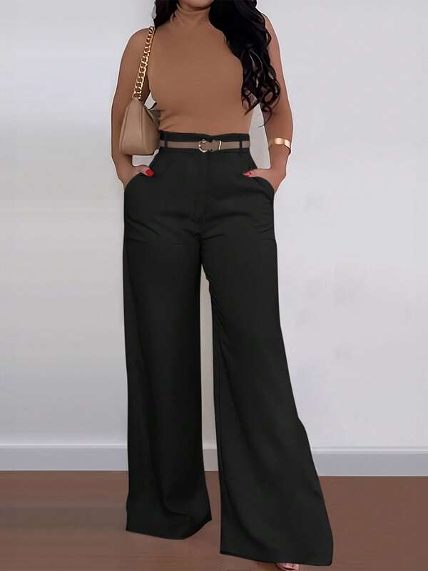 ANCHOSE Calça feminina casual preta com cintura alta e bolsos, ajuste solto