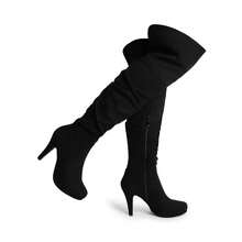 Women's Knee-High Boots, Comfortable Chunky Block Heel Pointed Toe Pull On Side Zipper Suede Slouch Riding Boots - Black - View 5