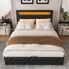 Upholstered Functional Bed - 135x190cm, Storage Space, Slatted Frame, PU (White/Black) - Black - View 9